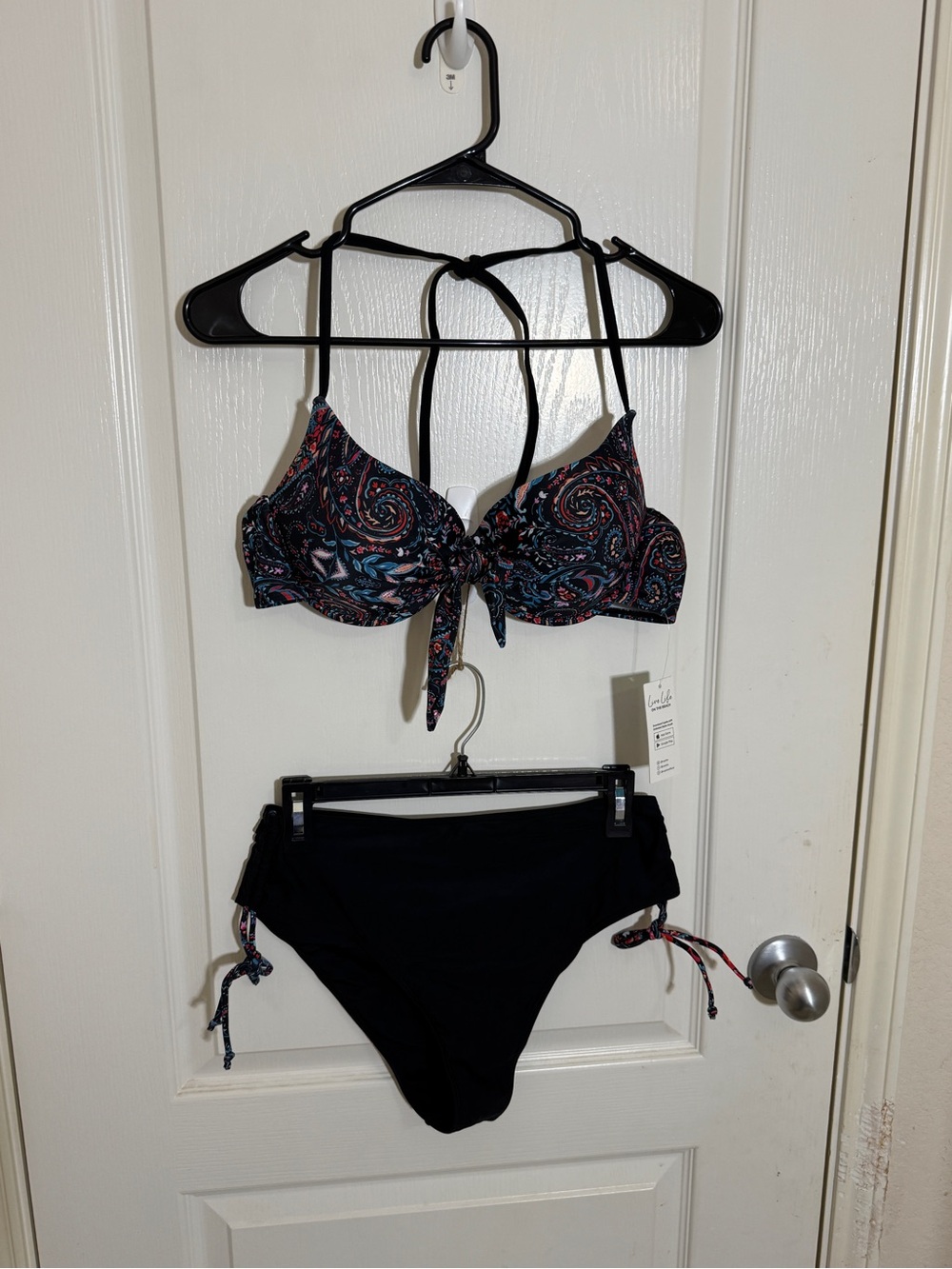 Cupshe Bikini Set Black Paisley Tie Front Top High Waist Ruched Sides Swimwear L